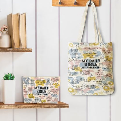 Daily Affirmations for Women Faith Christian Gifts，2PCS Cosmetic Bag Canvas Tote Bag Beach Bags with Pocket Makeup Bags，Scripture Bible Verse Mental Health Gifts for Female Friend Birthday Christmas - color: Bible Affirmations 0938