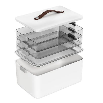 MOPALL 4-Tier Medicine Organizer Storage Box, Portable Latch Bin with Lid and Leather Handle, Cabinet Closet Organization for Home Office, Pill Bottle, First Aid, Sewing, Art, Craft