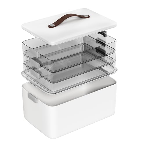 MOPALL 4-Tier Medicine Organizer Storage Box, Portable Latch Bin with Lid and Leather Handle, Cabinet Closet Organization for Home Office, Pill Bottle, First Aid, Sewing, Art, Craft