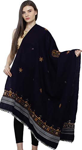 Exotic India Women's Pure Wool Shawl from Kutch with Central Embroidered Chakra and Mirrors Ethnic Design Stole, Scarves - color: Astral Aura