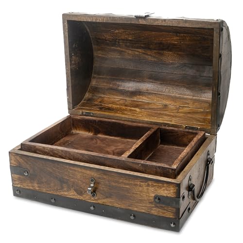 Happenings Treasure Chest Box with Removable Tray, Wooden Treasure Box for Storage, Keepsakes & Jewelry, Vintage Pirate Chest Decor, Solid Hardwood Decorative Storage (Medium - 12x8x8 inches) - size: Medium - 12x8x8 inches