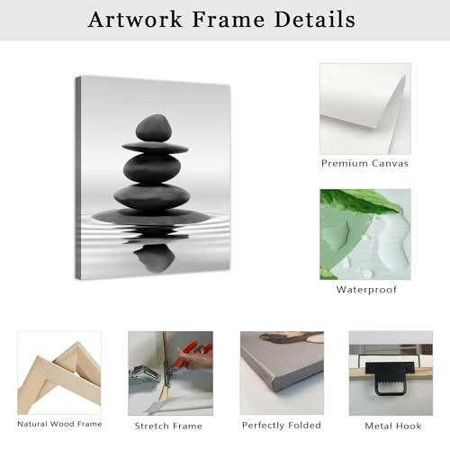 LZIMU Black and White Zen Wall Art Stones in Water Pictures Print on Canvas for Bathroom Yoga Meditation Spa Room Living Room Bedroom Wall Decorations Framed (Zen-1, 12"x18" (30x45cm)) - size: 12.00" x 18.00"