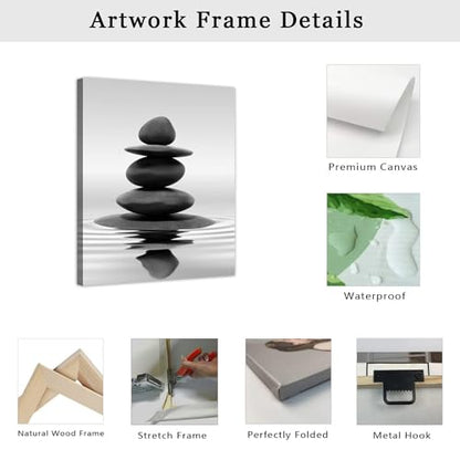LZIMU Black and White Zen Wall Art Stones in Water Pictures Print on Canvas for Bathroom Yoga Meditation Spa Room Living Room Bedroom Wall Decorations Framed (Zen-1, 12"x18" (30x45cm)) - size: 12.00" x 18.00"