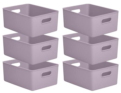 Superio Ribbed Collection - Decorative Plastic Basket Open Home Storage Bins Organizer, Large Lilac Purple (6 Pack) Container Boxes for Organizing Closet Storage Bins for Shelves 15 Liter/16 Quart - size: 6 Pack, style: Bin - Large (15 Liter)