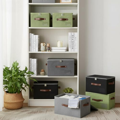 ANMINY Storage Bins with Zipper Lid Storage Boxes with Label Holder PU Leather Handles Washable Foldable Decorative Lidded Cotton Linen Fabric Cubes Baskets Closet Organizer - Gray, Small