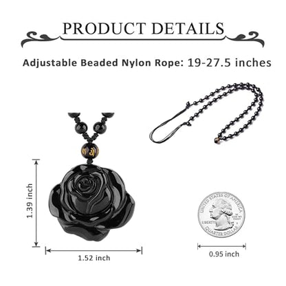 Black Obsidian Necklace Natural Crystal Amulet Protection Pendant with Adjustable Rope Lucky Talisman Necklaces Jewelry Gift for Men Women - color: Rose Beaded Rope