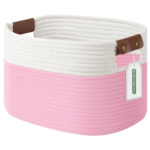 ECDYQXVU Cotton Rope Basket, Storage Baskets with Handle, 15x10x9 Inch Woven Basket for Shelves, Laundry, Towels, Clothes, Books (White/Pink 1Pack) - color: White/Pink-1Pack, size: 1 Pack