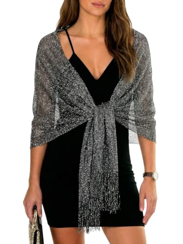 Sumolux Shawls Wraps for Evening Dresses Metallic Glitter Shawls Scarf for Women Sparkling Wedding with Free Buckle - color: Black With Silver Threads