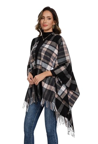 Shawl Wraps for Women, Elegant Knitted Cape Open Front Poncho Scarf Blanket Cardigan Coat for Spring, Autumn, and Winter - color: Black Khaki 2