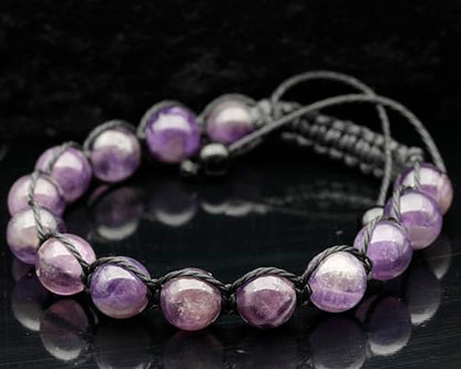 ElisaJewelryArt - Natural Black Onyx Beaded Bracelet Genuine Gemstone Strenght Crystal Macrame Bracelet Unisex Bracelet - color: Amethyst, size: MEN