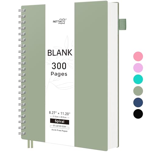 RETTACY Blank Journal Notebook, 300 Pages, A4 Large Size (8.2'' x 11.2''), 120 GSM Thick Paper, Flexible Plastic Cover, Spiral-bound, for Sketching, Drawing, Painting (Light Green) - color: Light Green