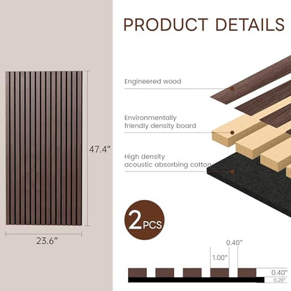 Wood Sound Proof Wall Panels 2' X 4', Wood Acoustic Wall Panels, Sound Absorbing, Noise Cancelling,Easy Install, Set of 2 Brown