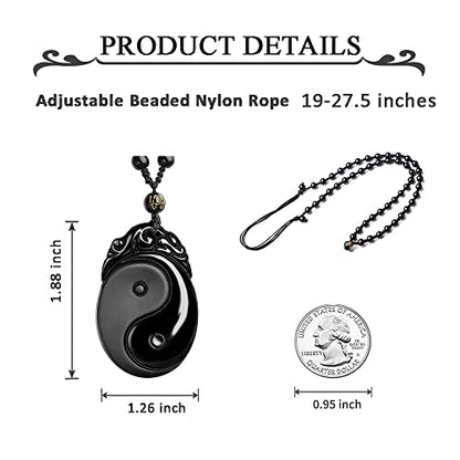 Black Obsidian Necklace Natural Crystal Amulet Protection Pendant with Adjustable Rope Lucky Talisman Necklaces Jewelry Gift for Men Women - color: Yin Yang TaiChi