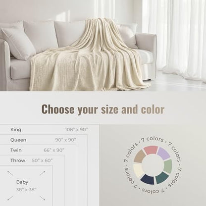 4-Layer Muslin Cotton King Bed Blanket (108 x 90 inches) – Ultra Soft, Breathable & Lightweight All-Season Gauze Blanket, Cozy Comfort, Machine Washable – Beige - color: Beige, size: King (108 x 90 inches)