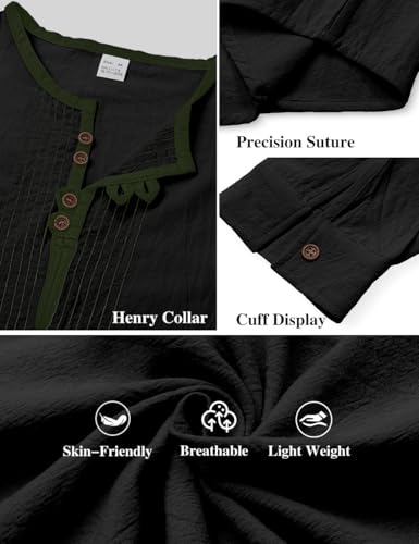 Mens Linen Shirts Henley T-Shirts Long Sleeve Tops Casual Beach T-Shirts Yoga Shirts for Men - color: Black, size: Medium
