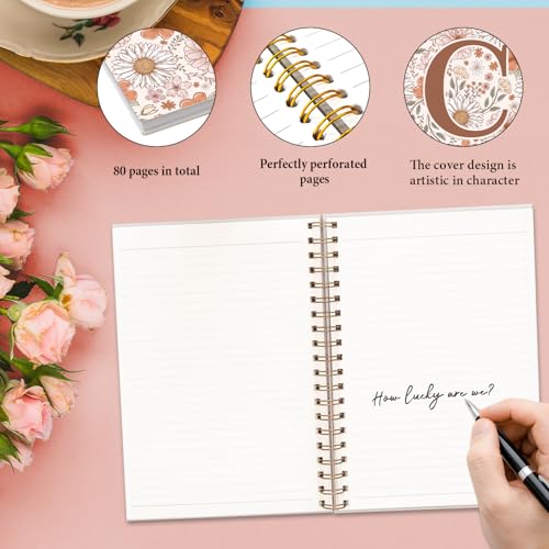 Initial Letter C Floral Notebook Journal, Personalized Monogrammed Gifts Journaling Notebooks for Women Teen Girls, Notebooks for Work, Boho Flowers Daisy Spiral Notebook, 5.5x8.3