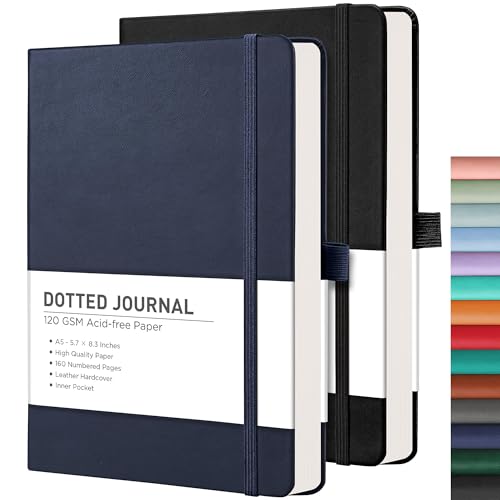 RETTACY Dotted Journal Notebook, 2-Pack, 160 Numbered Pages per Pack, A5 Medium Size (5.7'' x 8.3''), 120 GSM Thick Paper, Leather Hardcover, for Journaling, Planning, Tracking (Black & Navy Blue) - color: Black & Navy Blue, style: Dotted