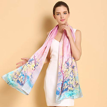 100% Mulberry Silk Long Scarf for Women Large Shawls for Headscarf and Neck- Oblong Hair Wraps with Gift Packed - color: Pink&yellow Blossoms