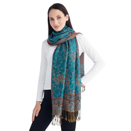 Ciormis Two Tone Silky Paisley Pashmina Shawl Scarf,Soft Women's Rave Jacquard Pashminas Wrap Scarves - color: Style1 -Teal 1 Paisley