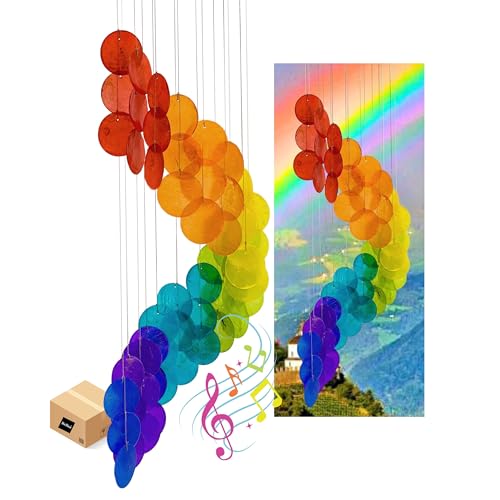 Bellaa 23325 Wind Chimes Outdoor, Garden Decorations, Musical, Indoor/Outside Windchimes, Beach, Ocean Breeze, Gifts for Mom, Gift for All Occasions, Capiz Sea Glass Shells Wood 27 inch Z Rainbow - color: Z Rainbow Windchimes