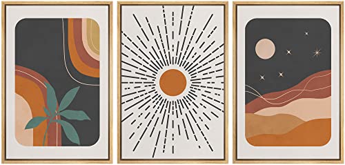 wall26 Framed Canvas Print Wall Art Set Boho Mid-Century Colorful Sun Moon Landscapes Nature Abstract Illustrations Modern Art Bohemian Decorative for Living Room, Bedroom, Office - 16"x24"x3 Natural - color: A46-2204-fo13, size: 16" x 24" x 3 Panels NATU