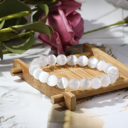 Natural Gemstones Bracelet 8mm Chakra Round Beads Energy Power Crystal Reiki Healing Elastic Stretch 7 Inch for Women Men Unisex - color: Selenite