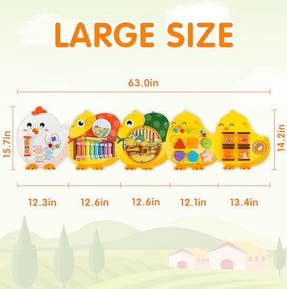 Chick Squad Activity Wall Busy Board Panels | 11-in-1 Wooden Sensory Wall Panel for Kids, Montessori Learning Activity Center | Perfect for Toddler Playroom Daycare Nursery Classroom Dentist Office - style: Chick Squad