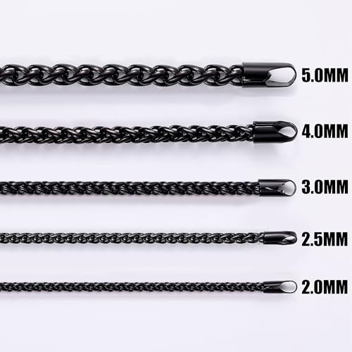 Fiusem Black Wheat Chains for Men and Women, 2/2.5/3/4/5mm Stainless Steel Necklace Chain, Mens Necklace Jewelry Gift 16-28 Inch - size: 16 Inches, style: Black 2MM