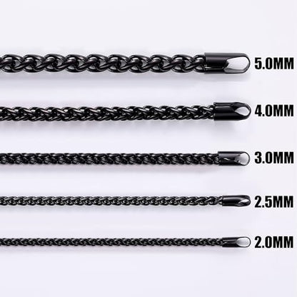 Fiusem Black Wheat Chains for Men and Women, 2/2.5/3/4/5mm Stainless Steel Necklace Chain, Mens Necklace Jewelry Gift 16-28 Inch - size: 16 Inches, style: Black 2MM