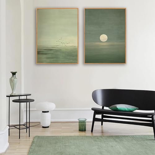 Japanese Sage Green Wall Art 2Pcs Minimalist Moon and Bird Canvas Posters Prints for Living Room Bedroom Office Zen Home Decoration 12X16in Unframed