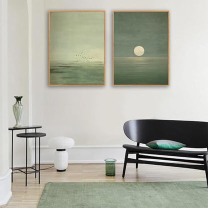 Japanese Sage Green Wall Art 2Pcs Minimalist Moon and Bird Canvas Posters Prints for Living Room Bedroom Office Zen Home Decoration 12X16in Unframed