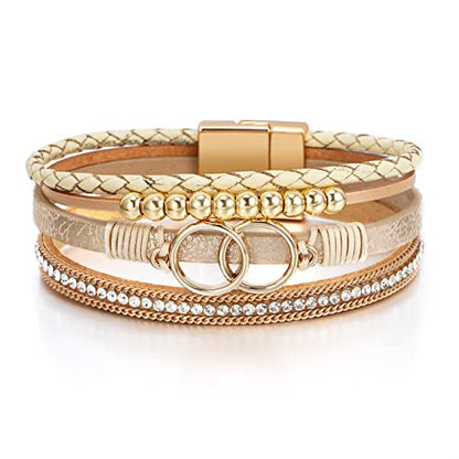 Fesciory Leopard Bracelet for Women, Boho Leather Wrap Multi-Layer Pearl Crystal Bracelet Bangle Jewelry - style: Double Circle(Khaki)