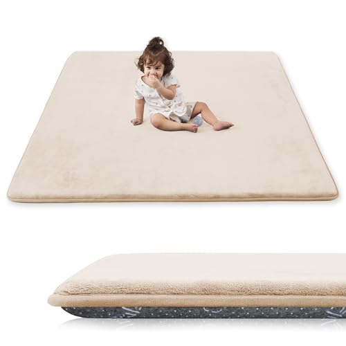 1.3" Thick Baby Play Mat for Floor, 79x79 Playpen Mat, Pro Soft Flannel Foam Mats Toddler Infant Kids Crawling for Nursery Rug Playroom Living Room Waterproof Easy Care Non-Slip (Beige) - color: Beige, size: 79"x79"x1.3"