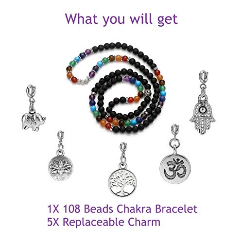 Jovivi 6mm Mala Beads 108/Lava Rock 7 Chakra Tree of Life/Hamsa/OM/Lotus/Elephant Charm Healing Crystal Bracelet Necklace