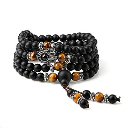 COAI 108 Mala Beads Hamsa Hand Bracelet, Wrap Bracelet Beaded Necklace for Men Women - style: Matte Onyx