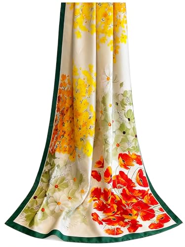 100% Mulberry Silk Oversized Women’s Sun-Shielding Shawl Formal Evening Neckwear Featherlight Airy - color: N28-vivid Bloom Scarf（69" X 21"inch）