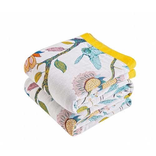 Boho Blanket Soft Muslin Boho Throw Blanket 100% Cotton Blanket All Seasons Reversible Rustic Floral Printed Vintage Rustic Farmhouse Decor Throw for Sofa Couch Chair (Beige, 90"x98") - color: I-beige Bird Flower, size: Queen-90"x98"