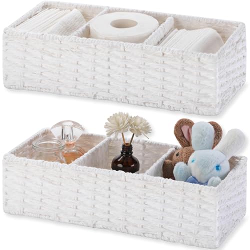 Vagusicc 3 Section Wicker Storage Basket, White Wicker Baskets for Storage, Toilet Tank Basket, Small Baskets for Organizing for Shelves, 2-Pack - color: Paper Rope (White), size: 3 Regular Section