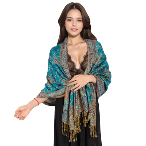 MUQU Women Pashmina Shawls and Wraps Scarf Soft Silky Reversible Paisley Scarves Shawl for Women - color: Blue-a