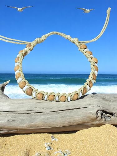 BlueRica Handmade Macrame Bracelet, Wood and Puka Shell Beads, Adjustable, Black Cord, Unisex - style: Natural & Small Beads