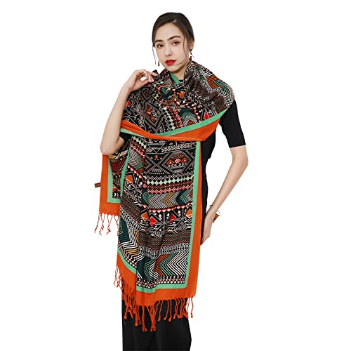 100% Merino Wool Pashmina Shawl for Women 96"x43", Oversized Cashmere Wrap with Tassels, Floral Travel Blanket Cape - color: Orange Border Tribal Mix