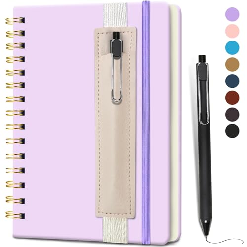 Lined Spiral Journal for Women, 160 Pages, Girls Notebook for Writing, A5 Travel Kid Diary with Pen Holder & Pen, Purple Hardcover, 5.7"x 8.27"