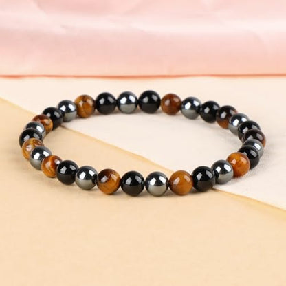 LPBeads Handmade Natural Gemstone Stretch Elastic Bracelet Healing Crystal Round Stone Beads Jewelry Gifts for Women Men - color: Onyx Tiger Hematite Mixed, size: 6mm