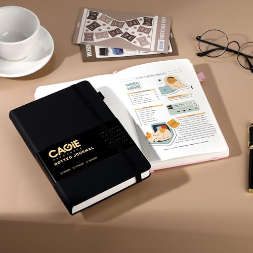 CAGIE Bullet Dotted Journal Notebook 320 Pages 100 GSM Paper Hardcover B5 Dot Grid Notebook Leather Journals for Writing Women Men Work Journaling, Black - color: Black, style: Dotted B5