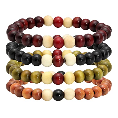 MILAKOO 4Pcs 8mm Wood Beaded Bracelet for Men Buddha Bracelet Elastic Rope