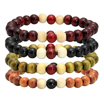 MILAKOO 4Pcs 8mm Wood Beaded Bracelet for Men Buddha Bracelet Elastic Rope