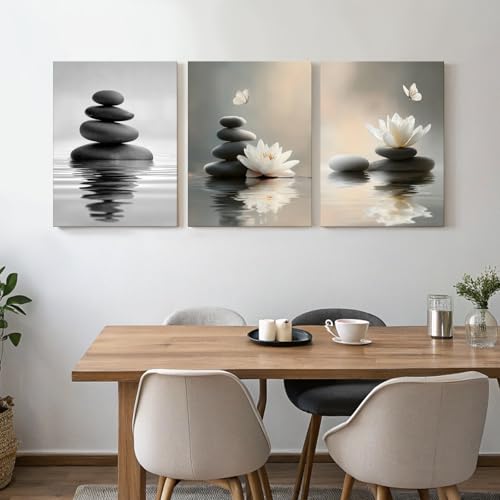 Lotus Wall Art Zen Stones in The Water Bathroom Calming Meditation Butterfly Framed Breathe Spiritual Canvas for Bathroom Living Room Yoga, Set of 3, 16x24 Inch - Ready to Hang - color: Lotus and Stones, size: 16" x 24"x3