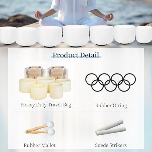 Hye-eun Crystal Singing Bowl Set 432Hz 7-Piece White Frosted Quartz Sound Bowls for Meditation, Chakra Healing & Yoga, includes Mallets & Beige Carrying Bags (6-12 inch, 7 Tones A B C D E F G) - color: 6-12inch 432hz White 7pcs