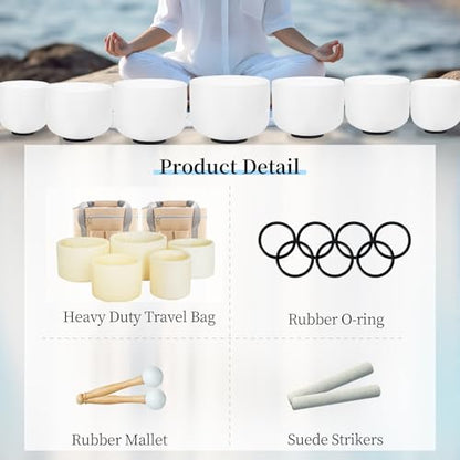 Hye-eun Crystal Singing Bowl Set 432Hz 7-Piece White Frosted Quartz Sound Bowls for Meditation, Chakra Healing & Yoga, includes Mallets & Beige Carrying Bags (6-12 inch, 7 Tones A B C D E F G) - color: 6-12inch 432hz White 7pcs