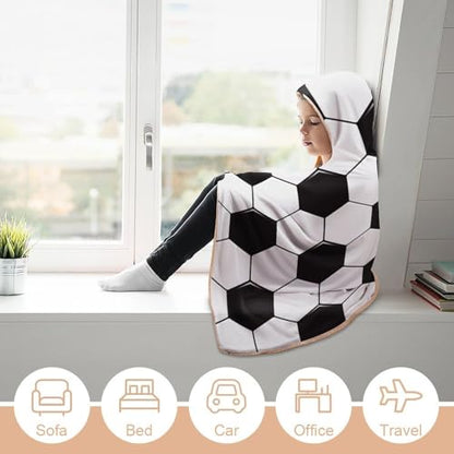 Soccer Ball White and Black Large Size Comfortable Hooded Blanket, Warm Blanket 40"x50" - color: Soccer Ball White and Black, size: 40"x50"